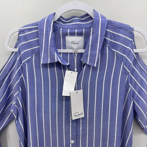 Rails Sadie Ocean Stripe Cold Shoulder Blue White Button Down Shirt - Picture 5 of 9